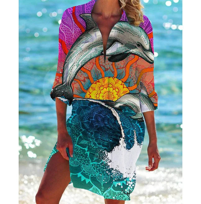 OCEAN PRINT LONG SLEEVE BLOUSE