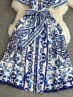 BLUE WHITE PORCELAIN FLORAL MIDI DRESS SOLELII