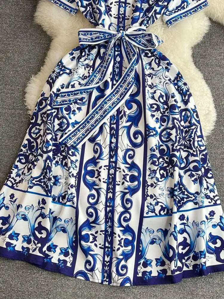 BLUE WHITE PORCELAIN FLORAL MIDI DRESS