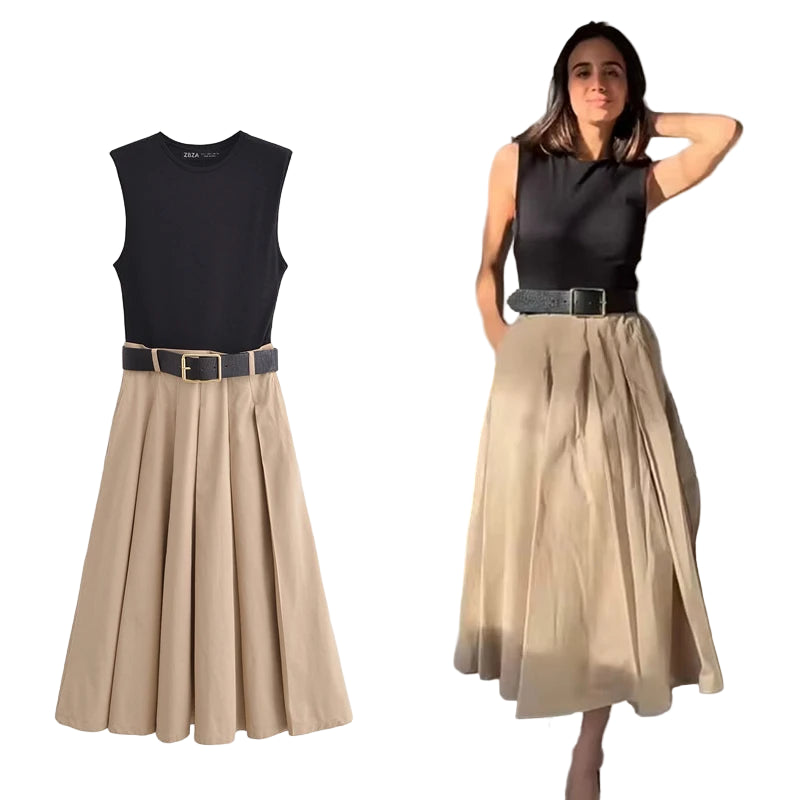 Geplooide midi-jurk met riem voor dames, mouwloos