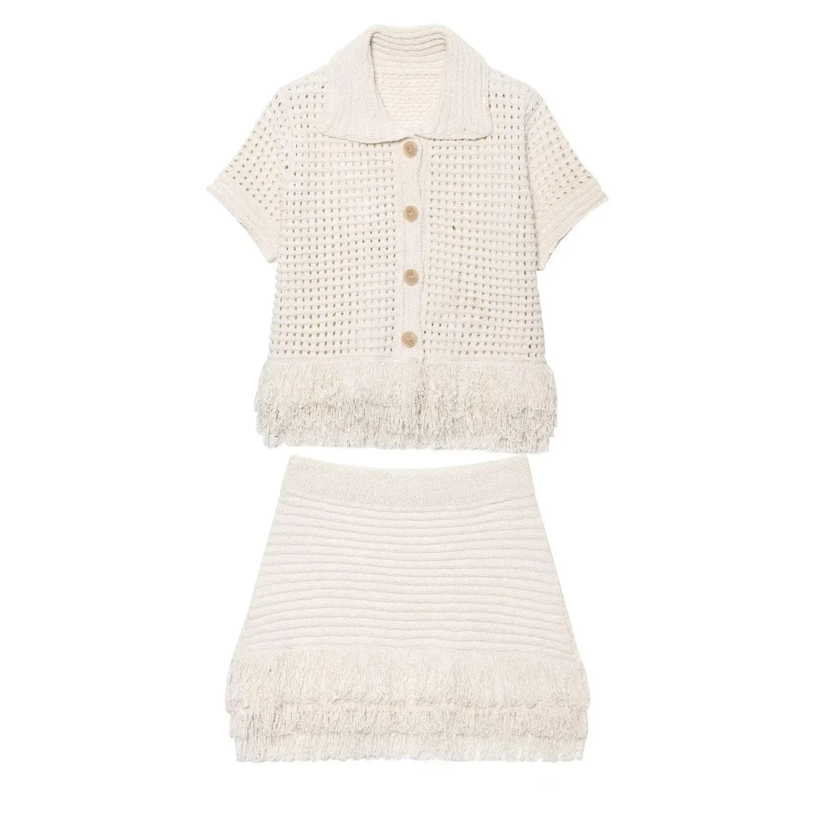 KNIT TASSEL HOLLOW-OUT SHIRT & MINI SKIRT SET