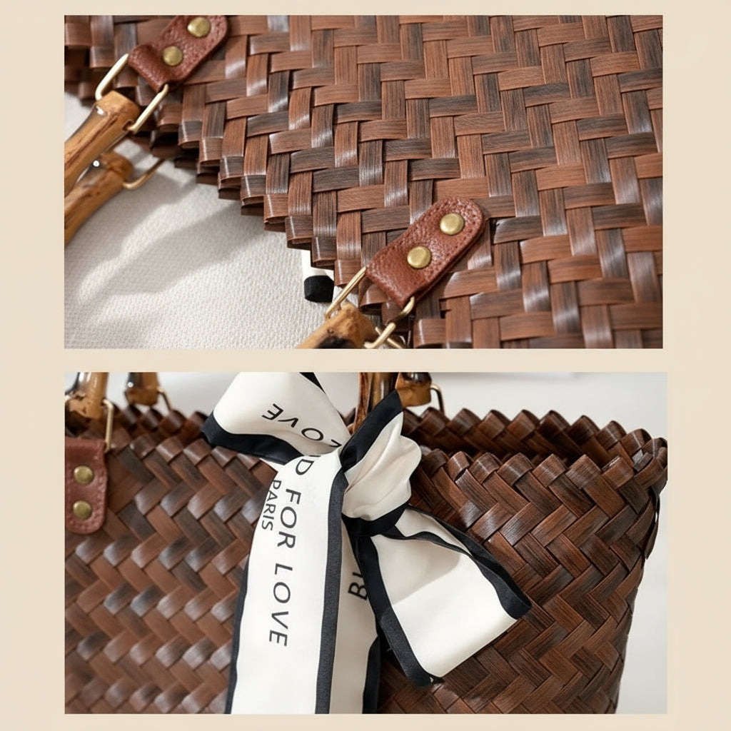 WOVEN BAMBOO-HANDLE CROCHET TOTE