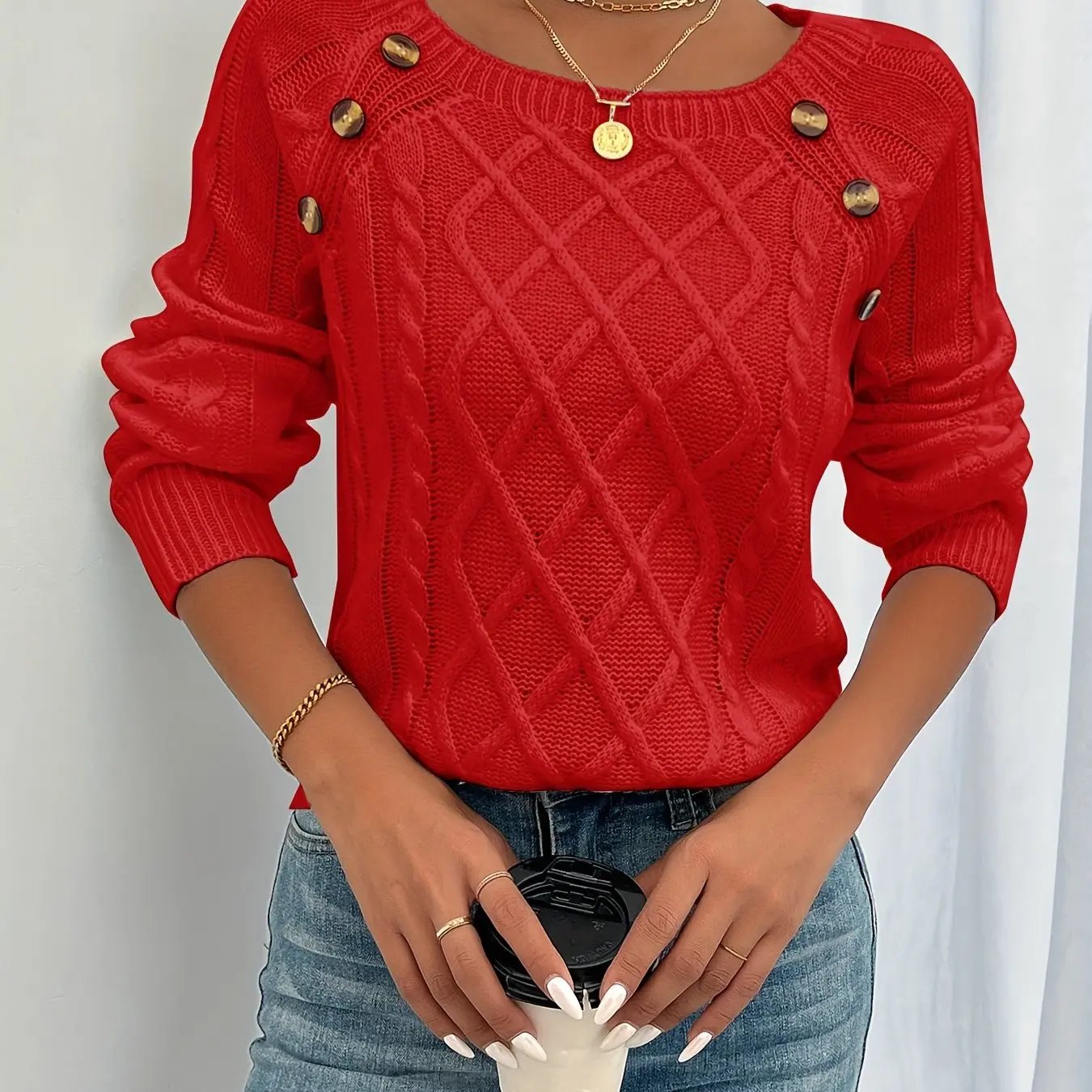 WOMEN’S SQUARE NECK BUTTON KNIT SWEATER SOLELII