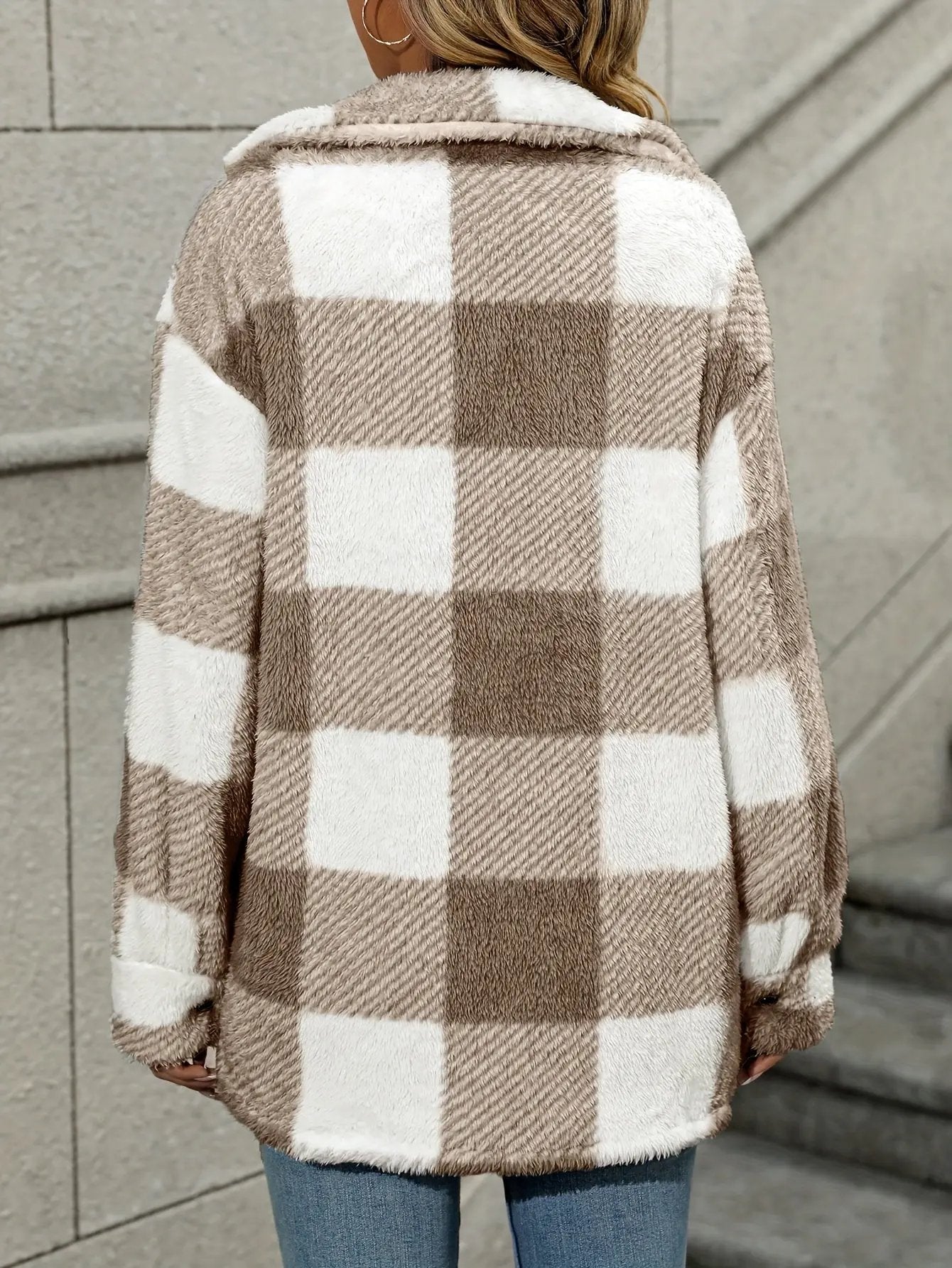 WOMEN’S PLAID FUZZY BUTTON JACKET SOLELII