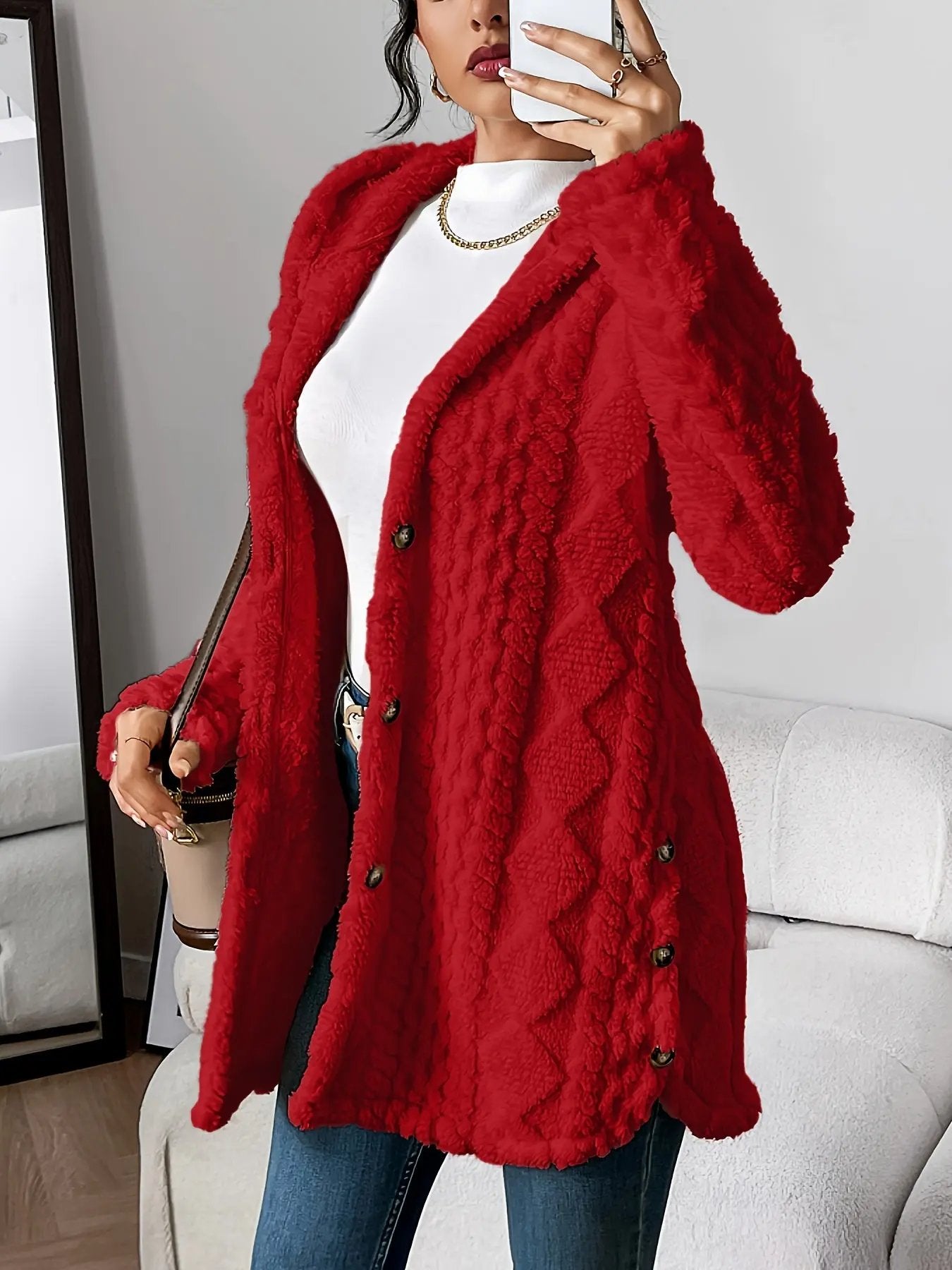 Women’s Hooded Jacquard Plush Cardigan SOLELII