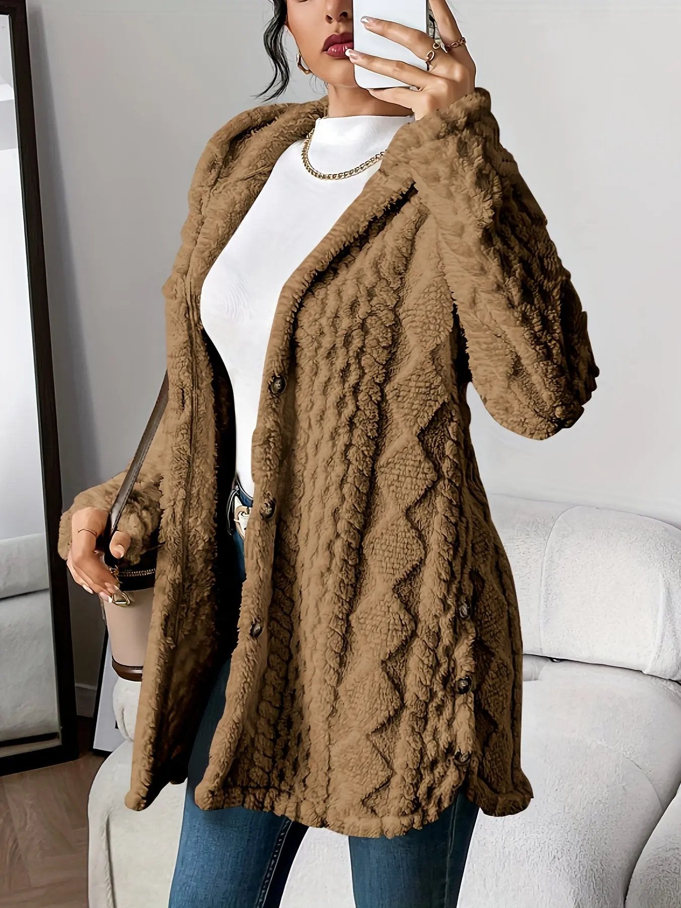 Women’s Hooded Jacquard Plush Cardigan SOLELII