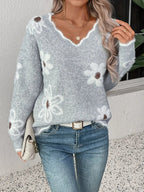 WOMEN’S PINK V-NECK FLORAL KNIT SWEATER SOLELII