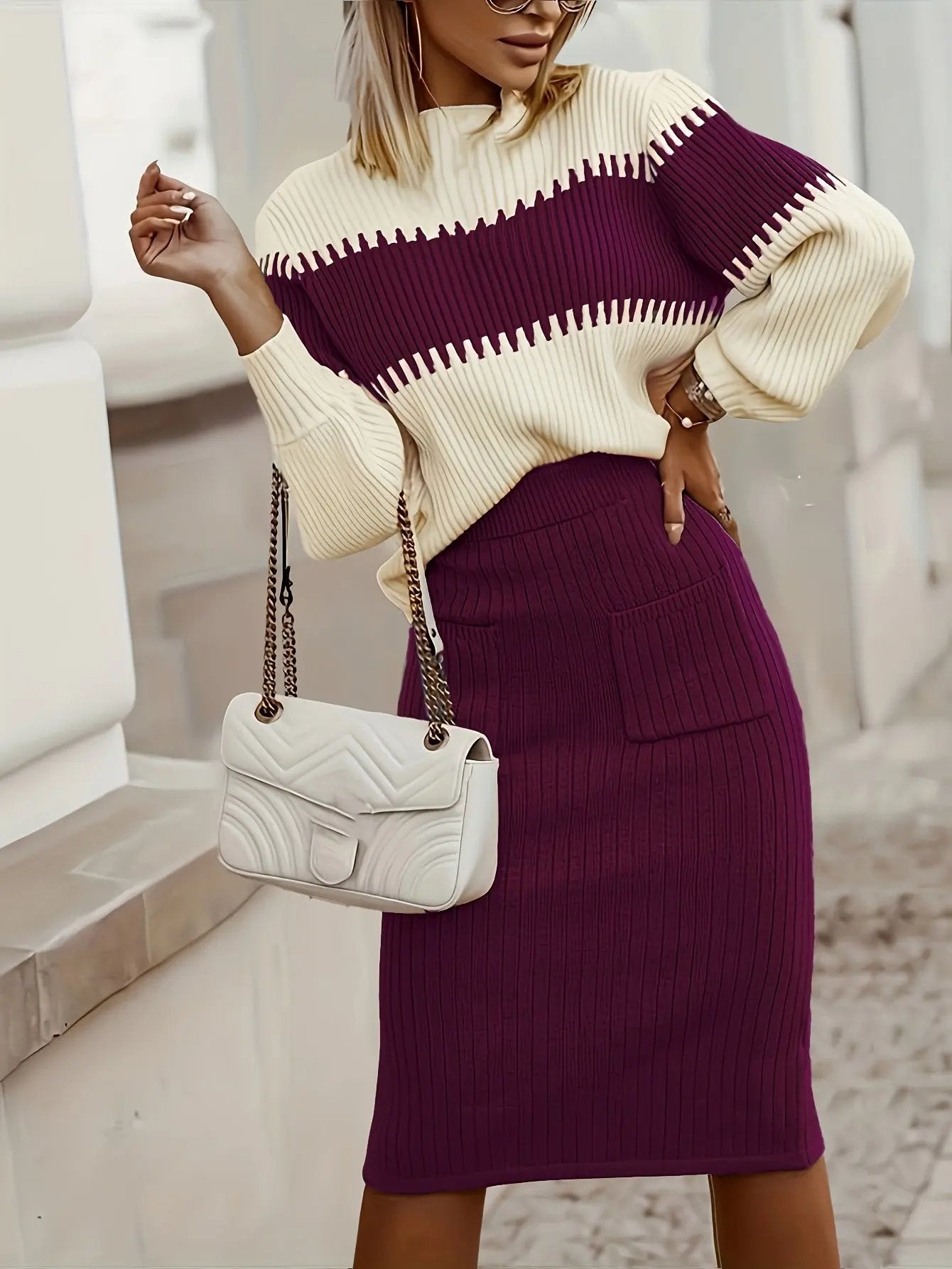 WOMEN’S COLOR BLOCK KNIT SWEATER SET SOLELII